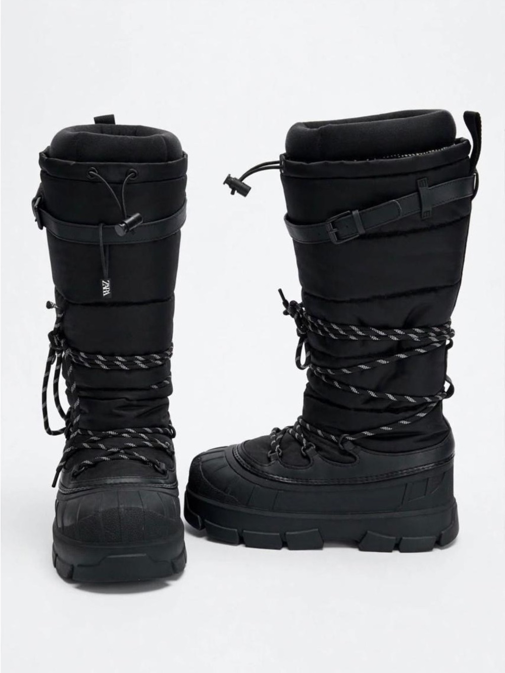 Zara Black Quilted Tall Lace-Up Winter Boots